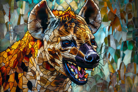 Stained glass window with the image of a hyena in the style of stained glass.の写真素材