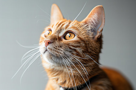 Portrait of a red tabby cat with orange eyes on gray background