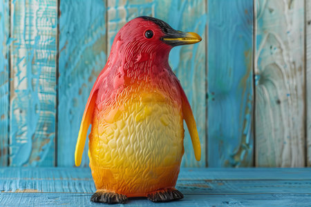 Colorful ceramic bird statuette on a blue wooden background.の写真素材
