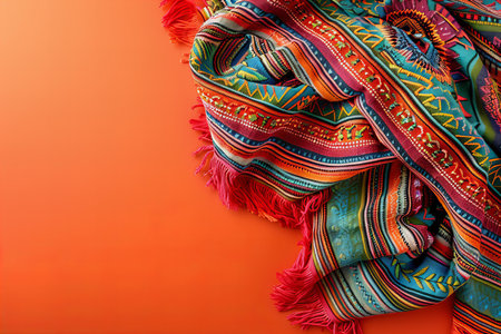 Colorful scarf on orange background. Top view. Copy space.