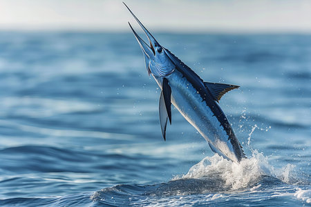 Marlin fish jumping out of the water on the blue sea.
