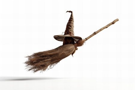 3d rendering of a witch's hat flying on a broomstickの写真素材
