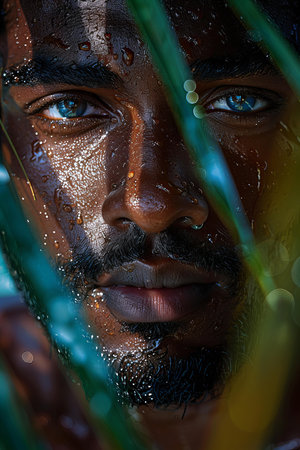 Close-up portrait of a black man with wet face and water drops on his face.
