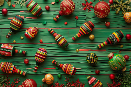 Christmas baubles on green wooden background. 3D illustration.