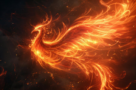 Fiery fire bird on black background. Fantasy fractal image.の写真素材