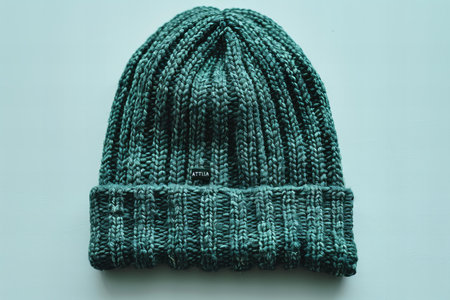 Knitted woolen hat on a white background. Top view.