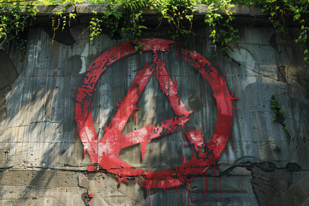 A red peace sign painted on the wall of an abandoned building.
