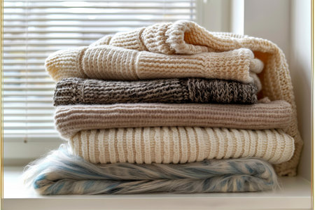Stack of knitted sweaters on shelf in room, closeup
