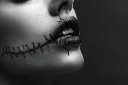 Portrait of a woman with a wound on her faceの写真素材