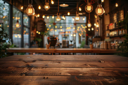 Empty wooden table and Coffee shop blur background with bokeh image.の写真素材