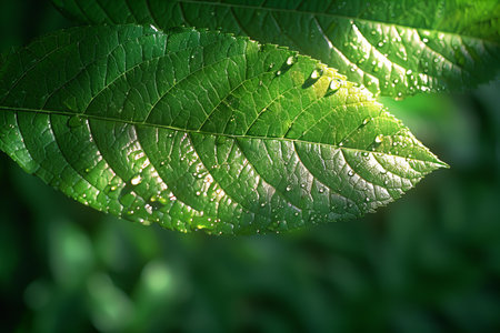 Green leaf with water drops, close-up. Nature background.