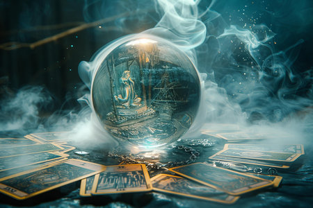 Magic crystal ball with fortune teller and tarot cards. Future reading concept.の写真素材