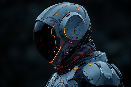 Cyborg with cyber helmet on dark background. 3D rendering.