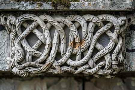 Detail of an old stone carving on the facade of a church.