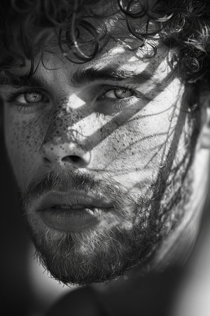 Portrait of a young man with a beard and wet hair.の写真素材