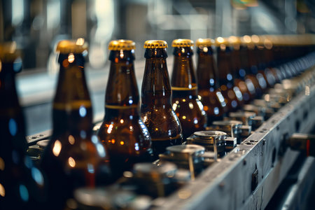 Bottles of beer on the conveyor belt in the factory.の写真素材