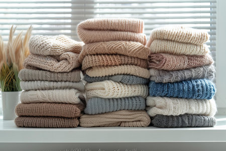 Stack of knitted sweaters on shelf in room, closeup