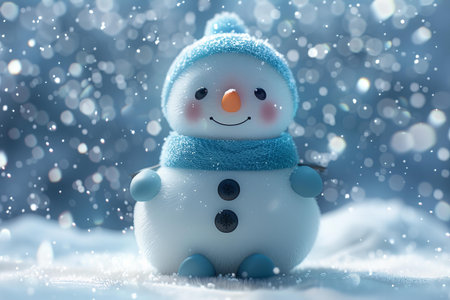 Cute snowman with blue scarf and hat on snowy background.の写真素材