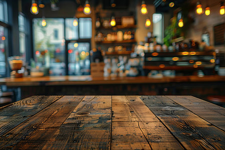 Empty wood table and Coffee shop blur background with bokeh image.