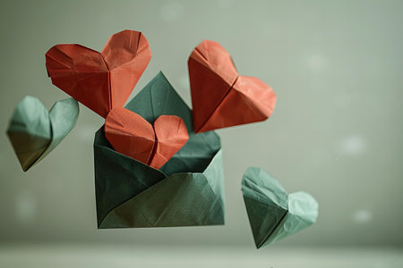 Paper origami hearts on a gray background. Valentine's day concept.の写真素材