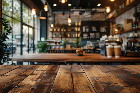 Empty wood table and Coffee shop blur background with bokeh image.の写真素材