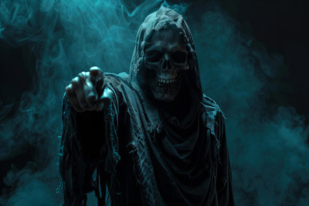 Scary ghost in a dark room with smoke. Halloween theme.