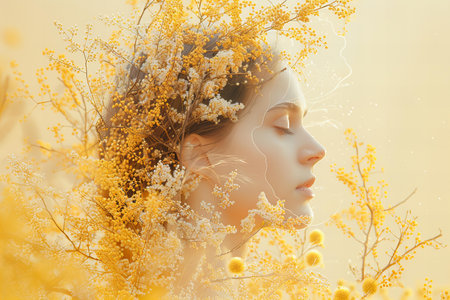 Portrait of a beautiful young woman with yellow flowers in her hairの写真素材