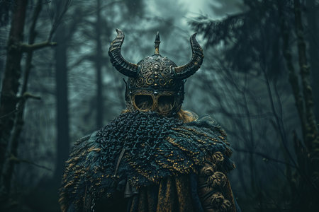 Medieval warrior with helmet and armor in the forest. Halloween concept.