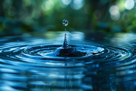 Water drop falling into the water with ripples and ripples.