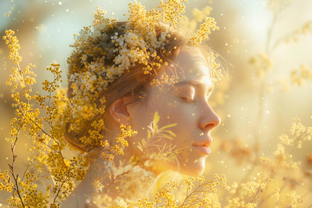 Beautiful young woman with flowers in her hair. Spring concept.の写真素材