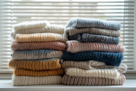 Stack of knitted sweaters on windowsill, closeup view