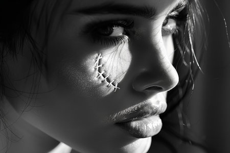 Black and white portrait of young woman with creative make-up