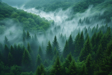 Foggy morning in the mountain forest with coniferous trees