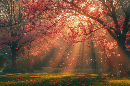 Autumn landscape with sunbeams shining through the trees and flowers