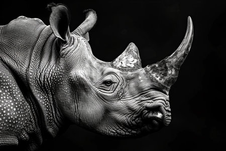 Black and white rhinoceros head isolated on black background.