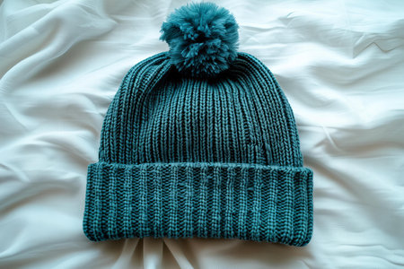 Knitted hat on white fabric background, top view. Winter clothing