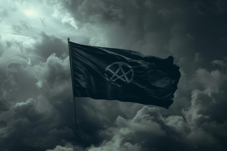 Flag of Peace in the dark stormy sky, 3D renderingの写真素材