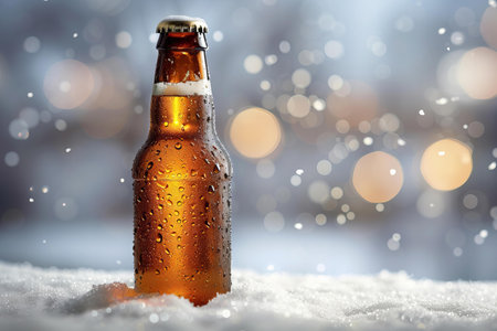 bottle of beer on snow with bokeh background and snowflakesの写真素材