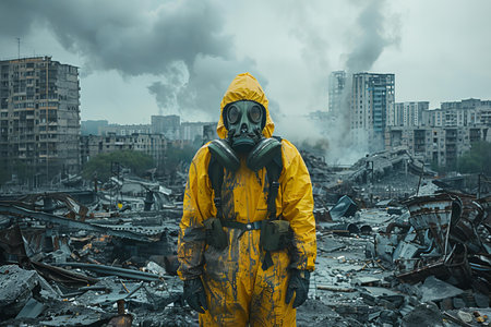 A man in a gas mask and a hazmat suit stands in front of a destroyed building.の写真素材
