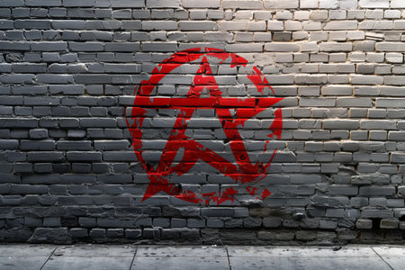 red peace symbol painted on brick wall in grunge room with wooden floorの写真素材
