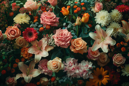 Beautiful bouquet of different flowers. Floral background. Flat lay.