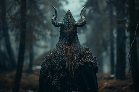 Medieval warrior with horns in the dark forest. Halloween concept.の写真素材