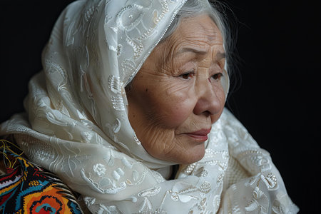 Portrait of an elderly asian woman wearing traditional clothes on black background