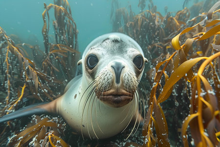 Sea lion on the seabed with seaweed in the oceanの写真素材