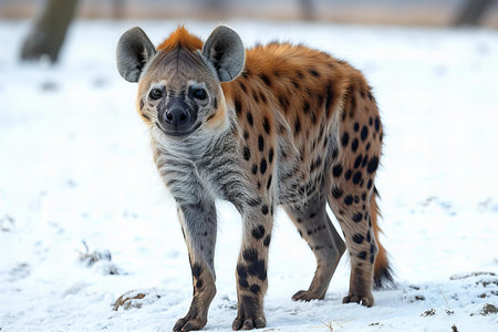 Spotted hyena (Crocuta crocuta) standing in the snowの写真素材