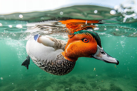 Mandarin duck swimming in the clear water of Lake Ontario, Canadaの写真素材