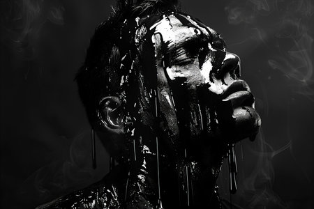 Portrait of a man with black paint on his face. Black and white.