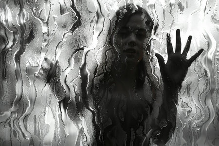 Portrait of beautiful young woman behind wet glass. Black and white photo.