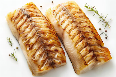 Fish fillet with rosemary and spices on a white background.