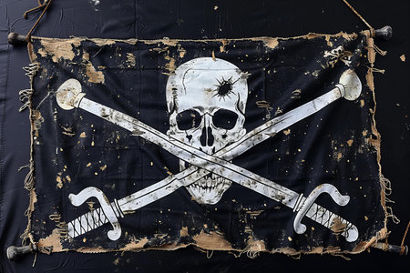 Pirate flag with skull and crossbones on the black background.の写真素材